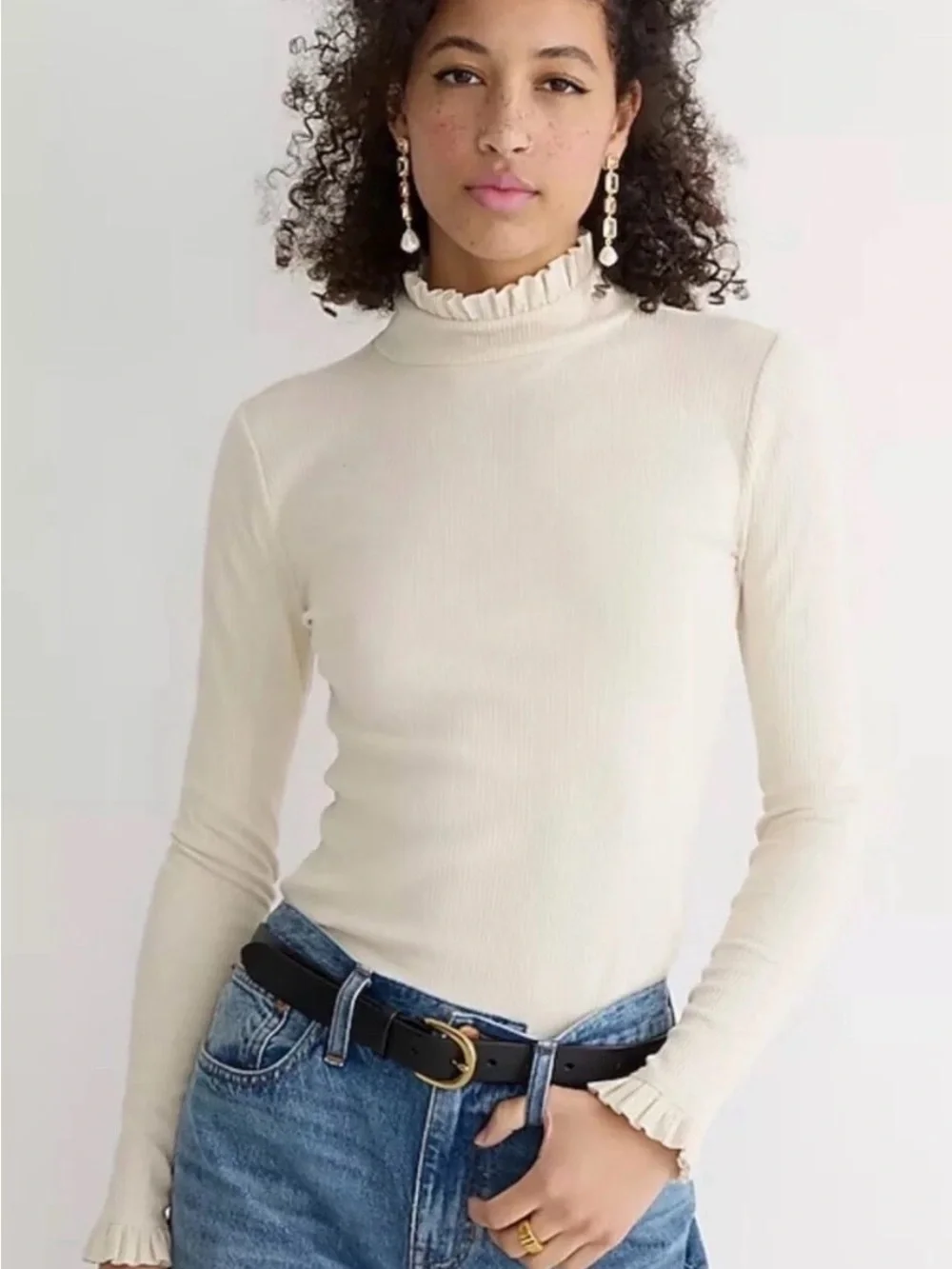 J. Crew Vintage Cream Ruffle Mock Neck Ribbed Long-Sleeve Top Women’s XL